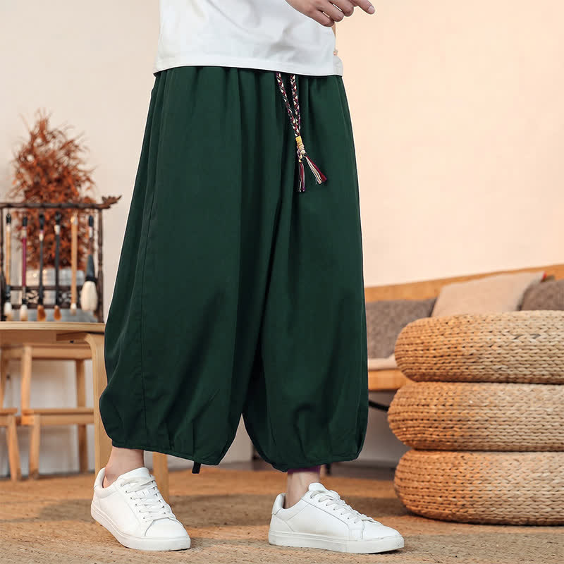 Buddha Stones Pantaloni capri da uomo a tinta unita, casual, minimalisti, con coulisse, per primavera/estate, modello harem con tasca. - image 40