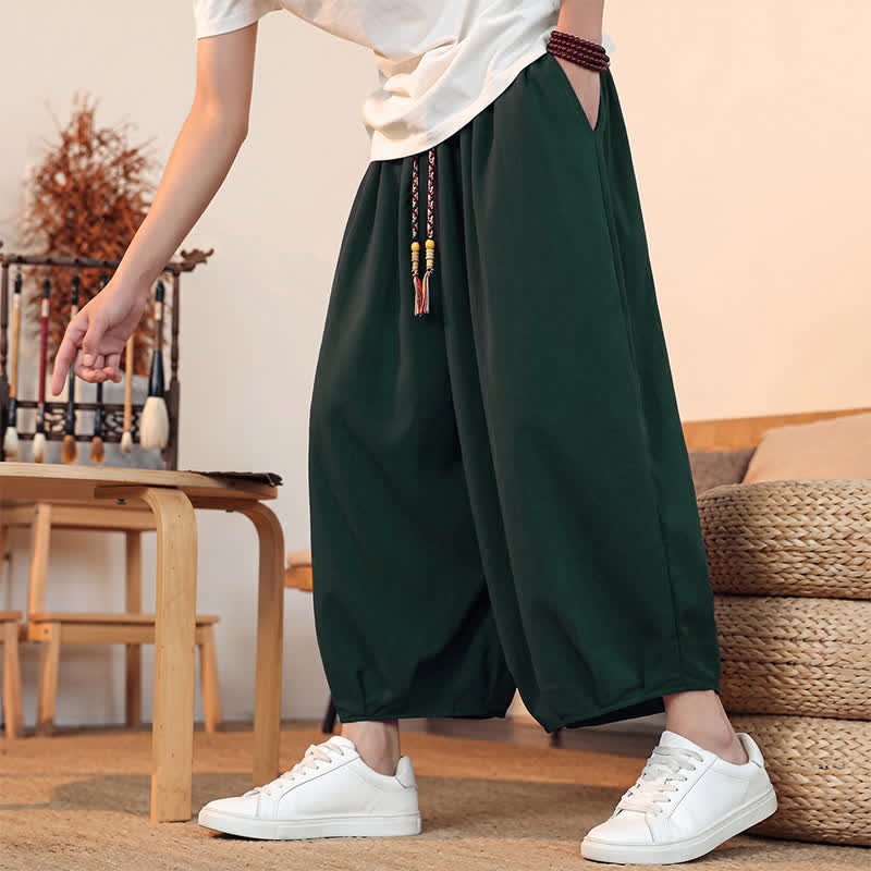 Buddha Stones Pantaloni capri da uomo a tinta unita, casual, minimalisti, con coulisse, per primavera/estate, modello harem con tasca. - image 44