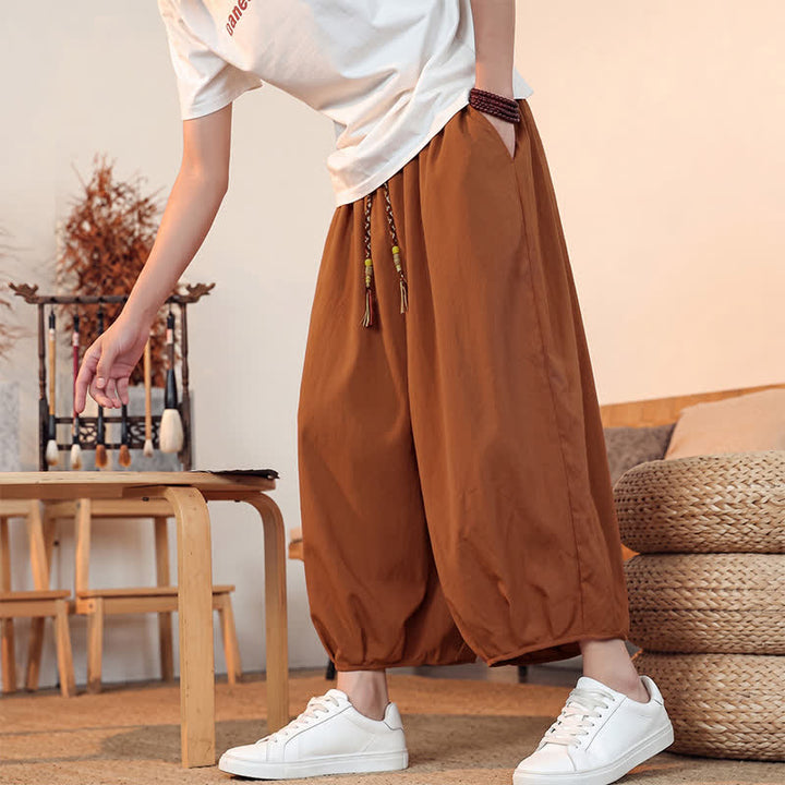 Buddha Stones Pantaloni capri da uomo a tinta unita, casual, minimalisti, con coulisse, per primavera/estate, modello harem con tasca. - image 27