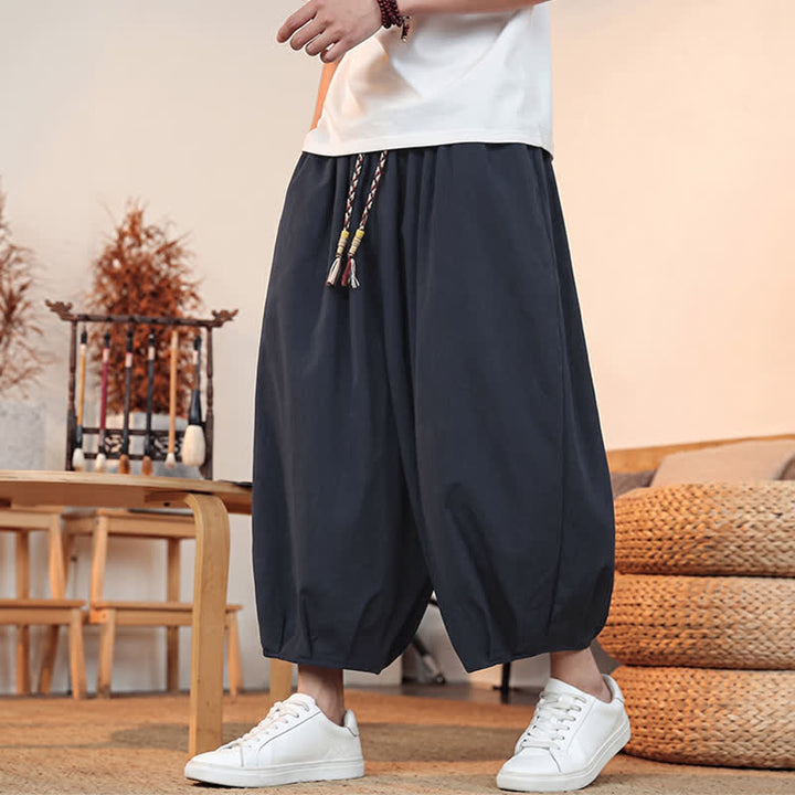 Buddha Stones Pantaloni capri da uomo a tinta unita, casual, minimalisti, con coulisse, per primavera/estate, modello harem con tasca. - image 36