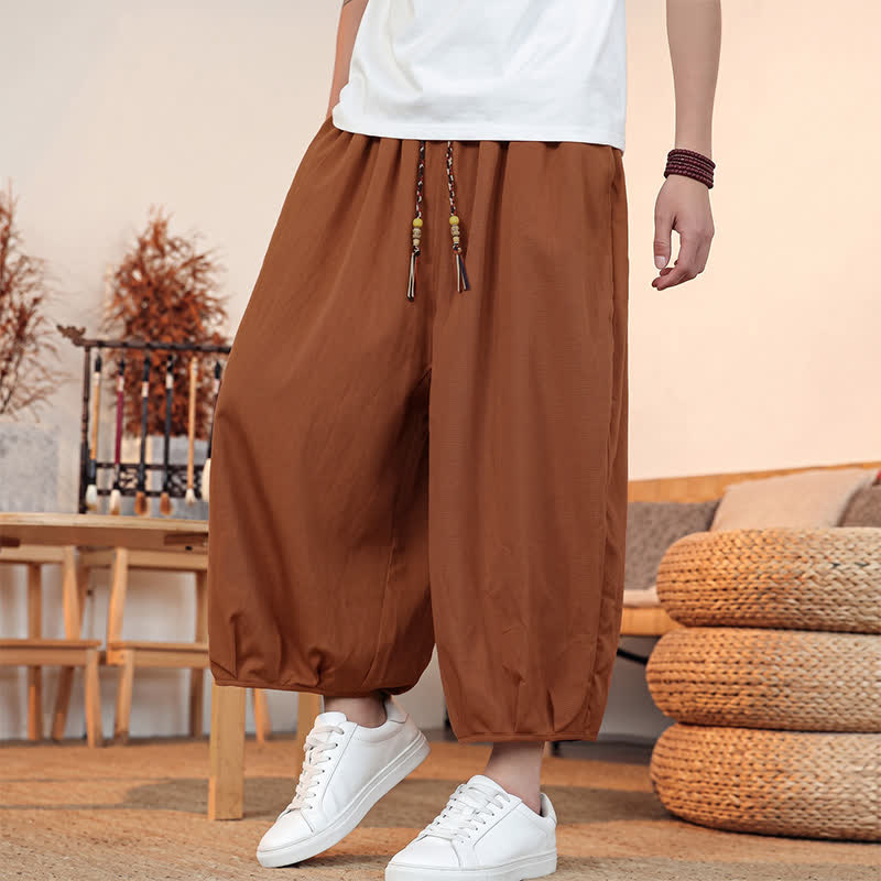 Buddha Stones Pantaloni capri da uomo a tinta unita, casual, minimalisti, con coulisse, per primavera/estate, modello harem con tasca. - image 26