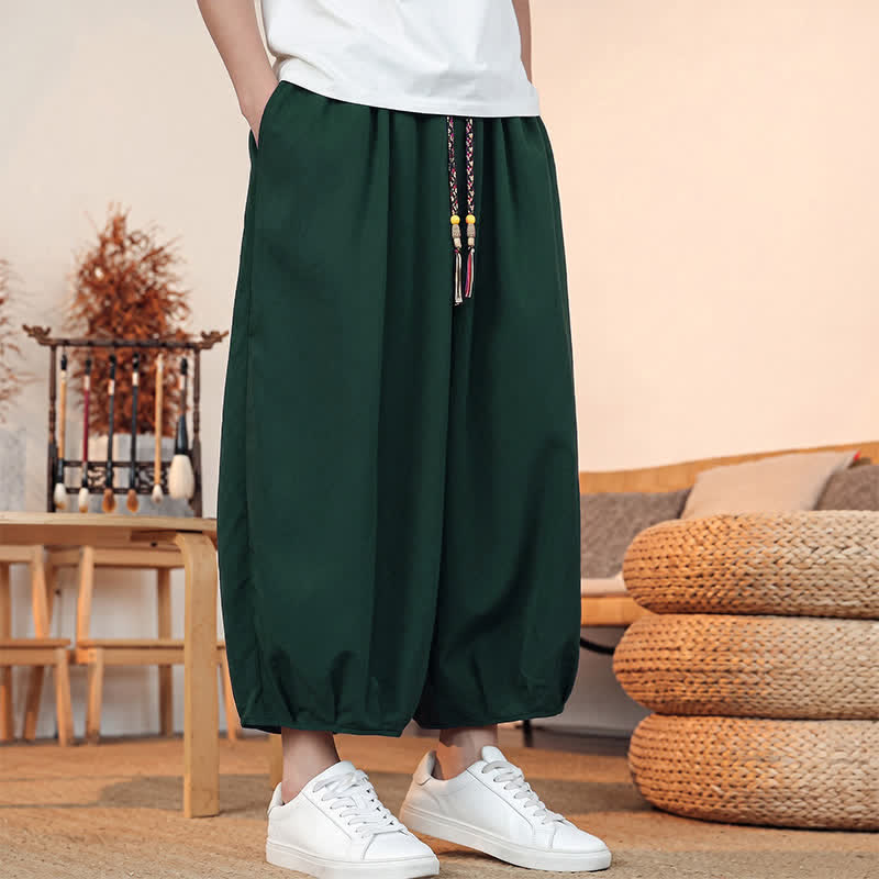 Buddha Stones Pantaloni capri da uomo a tinta unita, casual, minimalisti, con coulisse, per primavera/estate, modello harem con tasca. - image 42