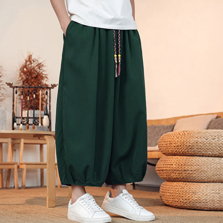 Buddha Stones Pantaloni capri da uomo a tinta unita, casual, minimalisti, con coulisse, per primavera/estate, modello harem con tasca. - image 42