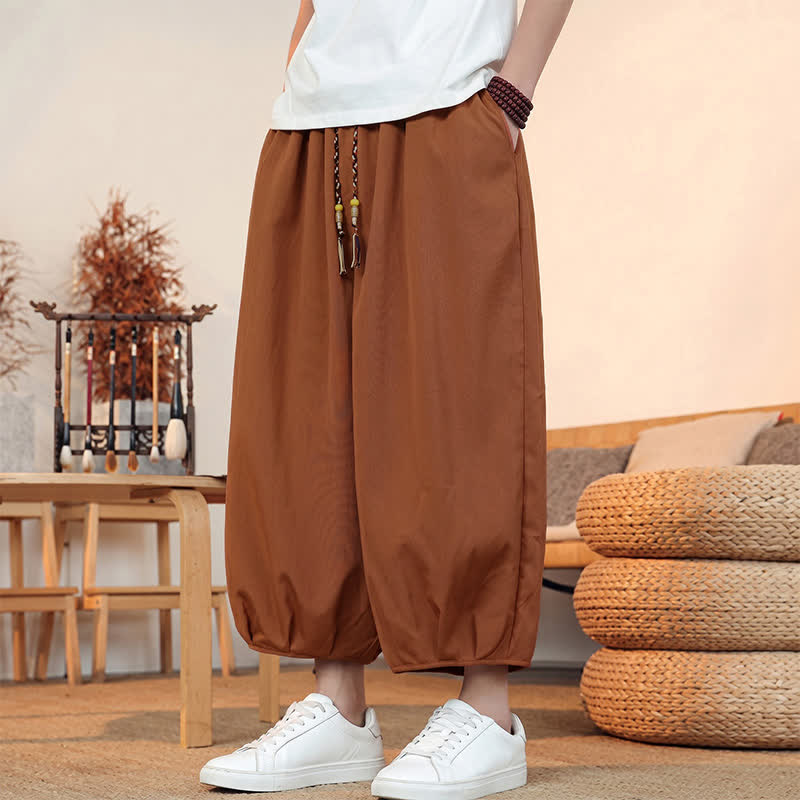 Buddha Stones Pantaloni capri da uomo a tinta unita, casual, minimalisti, con coulisse, per primavera/estate, modello harem con tasca. - image 23
