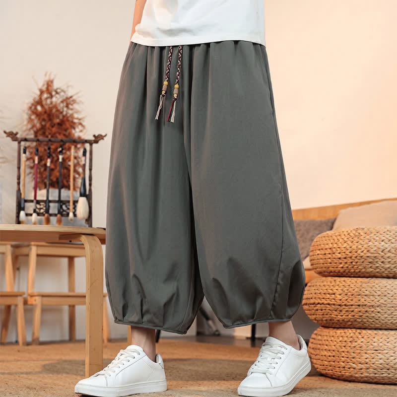 Buddha Stones Pantaloni capri da uomo a tinta unita, casual, minimalisti, con coulisse, per primavera/estate, modello harem con tasca. - image 3
