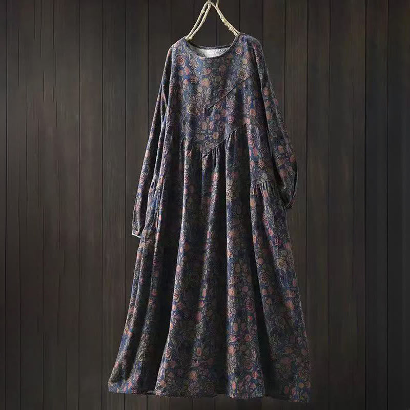 Abito midi da donna a trapezio con maniche lunghe e motivo floreale retrò a forma Buddha Stones. - Blu scuro - US4-8/10, UK/AU8-12/14, EU36-40/42 (F) - image 11