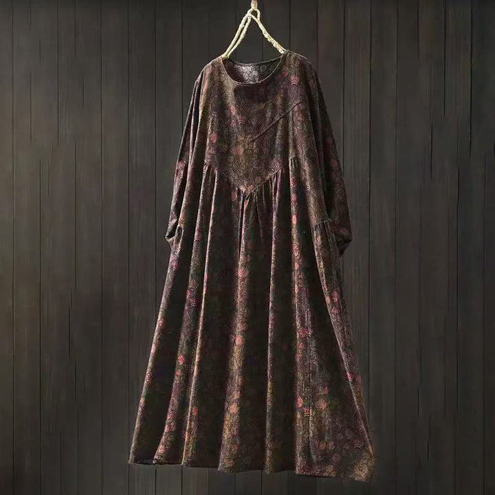 Abito midi da donna a trapezio con maniche lunghe e motivo floreale retrò a forma Buddha Stones. - Marrone sella - US4-8/10, UK/AU8-12/14, EU36-40/42 (F) - image 13