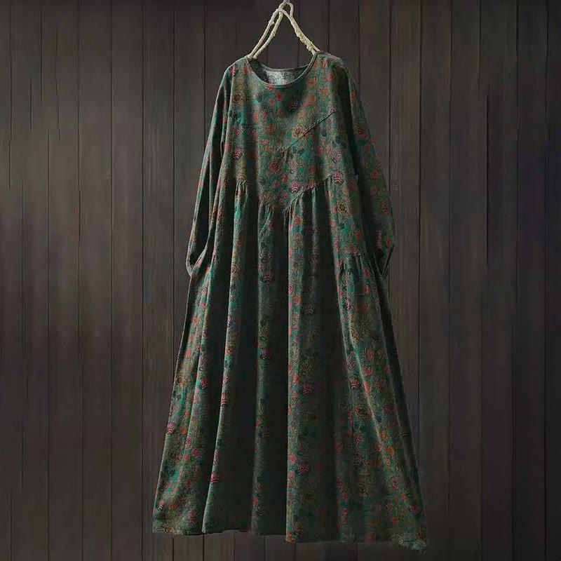Abito midi da donna a trapezio con maniche lunghe e motivo floreale retrò a forma Buddha Stones. - Verde oliva scuro - US4-8/10, UK/AU8-12/14, EU36-40/42 (F) - image 0
