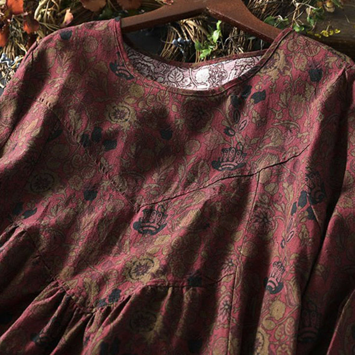 Abito midi da donna a trapezio con maniche lunghe e motivo floreale retrò a forma Buddha Stones. - image 6