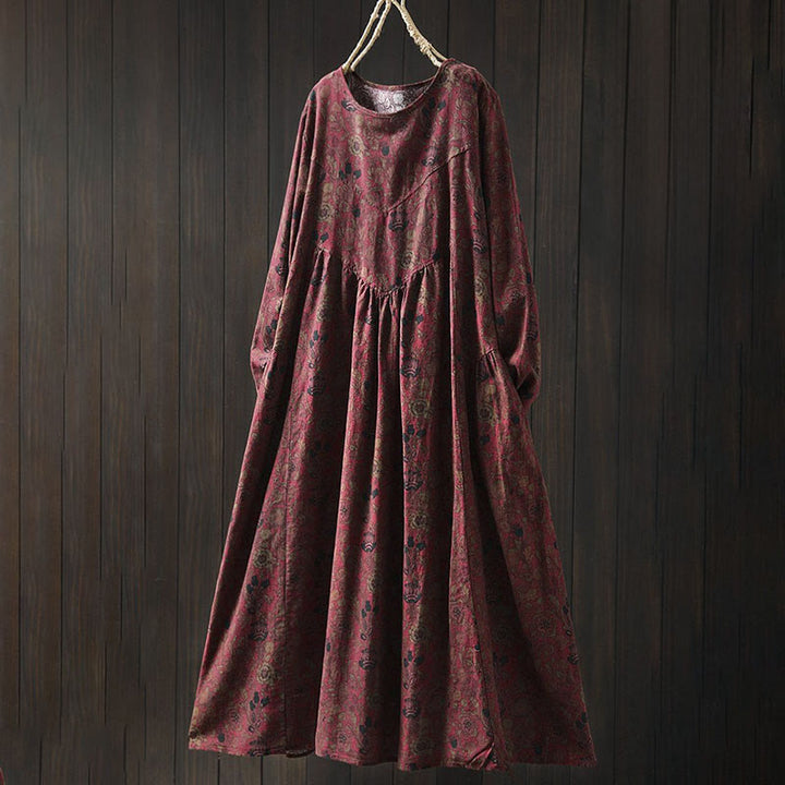 Abito midi da donna a trapezio con maniche lunghe e motivo floreale retrò a forma Buddha Stones. - FireBrick - US4-8/10, UK/AU8-12/14, EU36-40/42 (F) - image 2