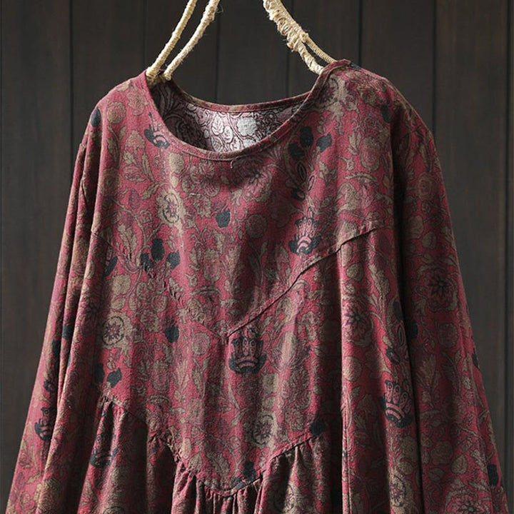 Abito midi da donna a trapezio con maniche lunghe e motivo floreale retrò a forma Buddha Stones. - image 4