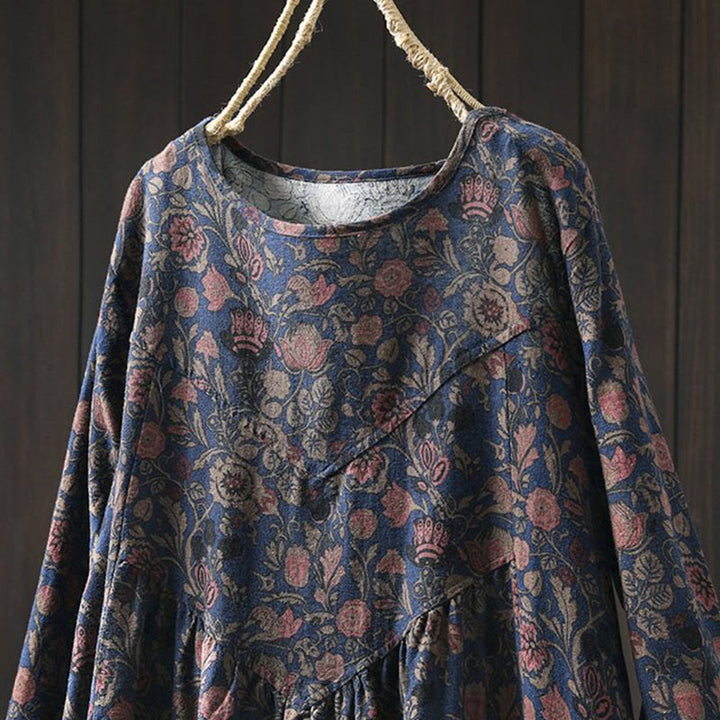 Abito midi da donna a trapezio con maniche lunghe e motivo floreale retrò a forma Buddha Stones. - image 12