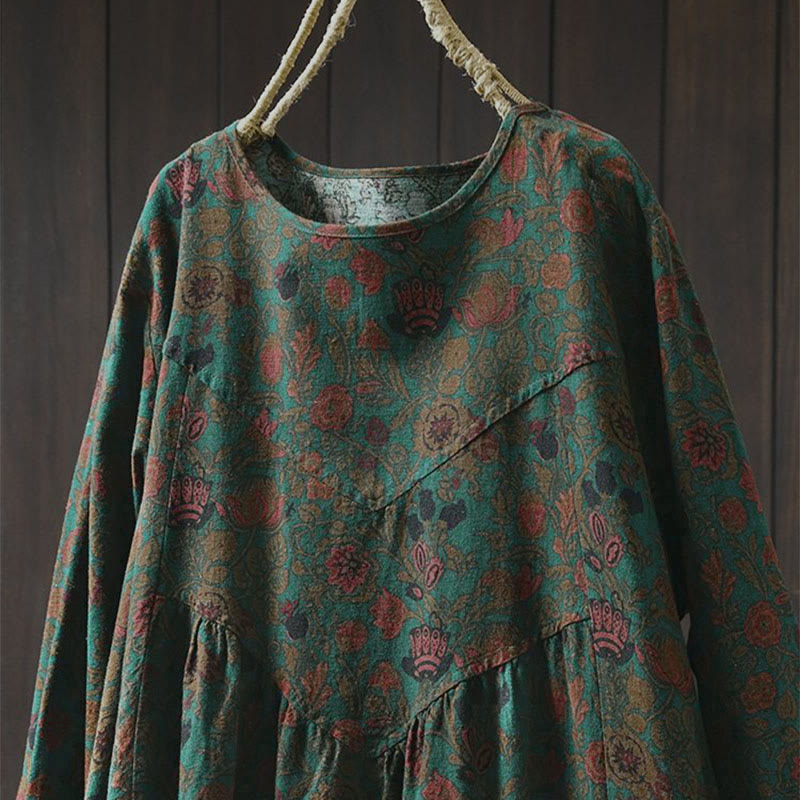 Abito midi da donna a trapezio con maniche lunghe e motivo floreale retrò a forma Buddha Stones. - image 1