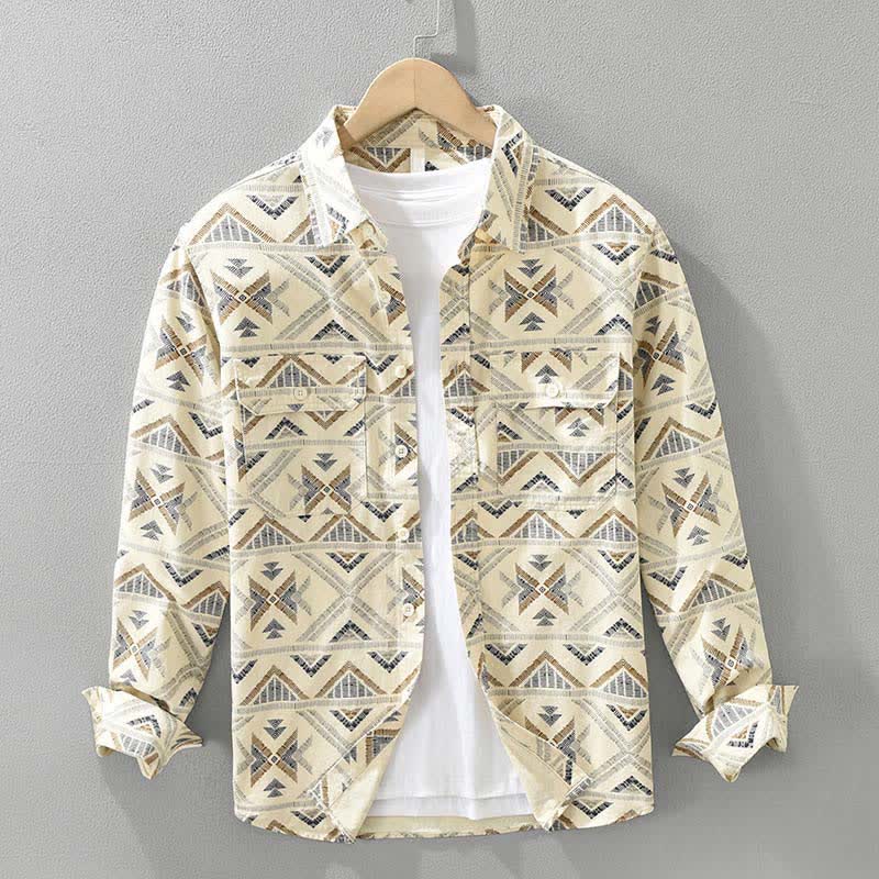 Buddha Stones Camicia da uomo a maniche lunghe in cotone con bottoni, stile boho, casual, con taschino, ideale per primavera/autunno. - Cachi - US/UK/AU42, EU52 (3XL) - image 0