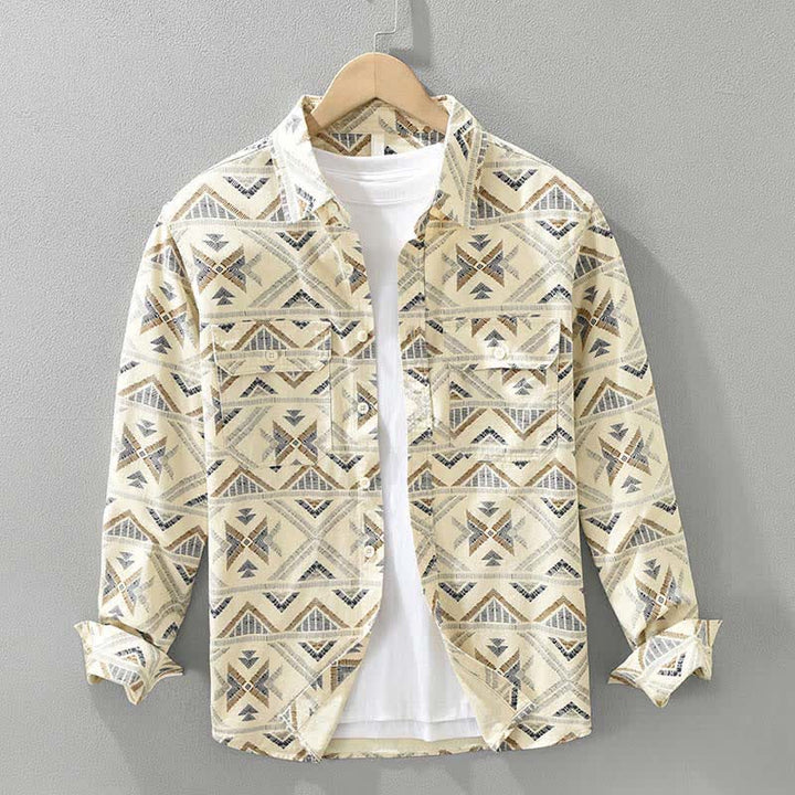 Buddha Stones Camicia da uomo a maniche lunghe in cotone con bottoni, stile boho, casual, con taschino, ideale per primavera/autunno. - Cachi - US/UK/AU42, EU52 (3XL) - image 0