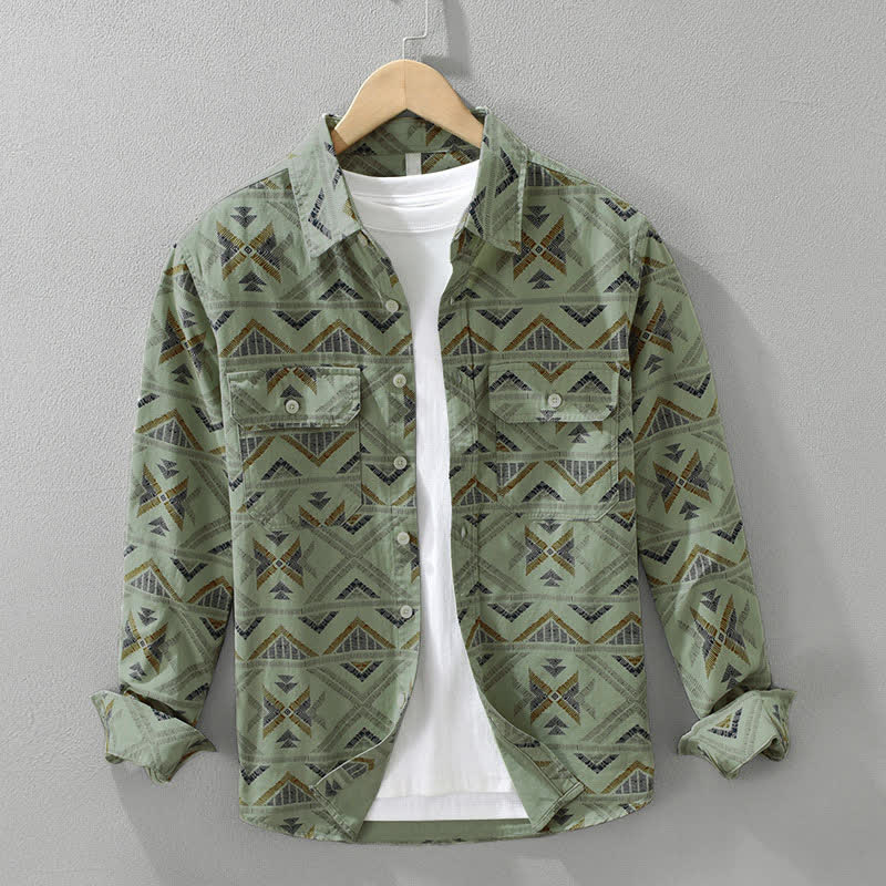 Buddha Stones Camicia da uomo a maniche lunghe in cotone con bottoni, stile boho, casual, con taschino, ideale per primavera/autunno. - Verde Mare Scuro - US/UK/AU42, EU52 (3XL) - image 5