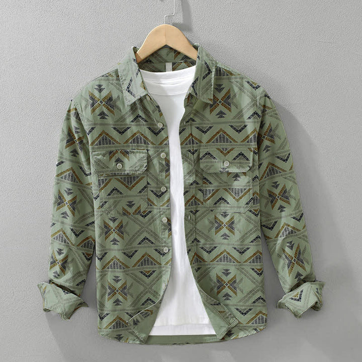 Buddha Stones Camicia da uomo a maniche lunghe in cotone con bottoni, stile boho, casual, con taschino, ideale per primavera/autunno. - Verde Mare Scuro - US/UK/AU42, EU52 (3XL) - image 5
