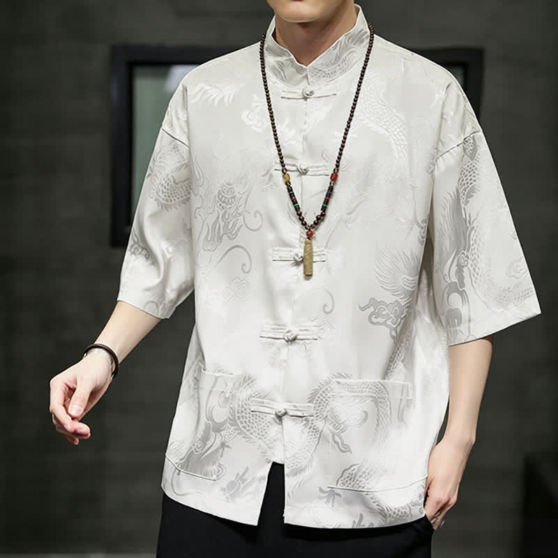 Buddha Stones Camicia da uomo a maniche corte con taschino, colletto alla coreana, bottoni a rana e motivo drago, stile estivo Tang. - image 1