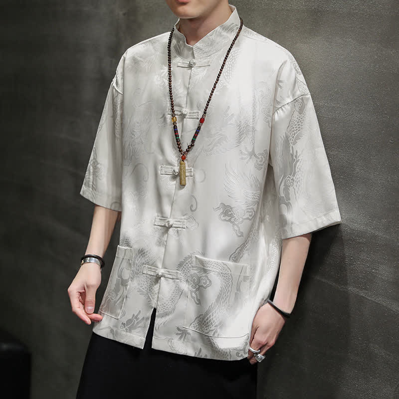 Buddha Stones Camicia da uomo a maniche corte con taschino, colletto alla coreana, bottoni a rana e motivo drago, stile estivo Tang. - Bianco - US/UK/AU40, EU50 (2XL) - image 0