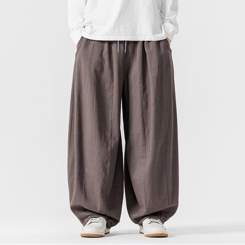 Buddha Stones Pantaloni lunghi da uomo a gamba dritta, semplici, in cotone tinta unita, con coulisse, per l'autunno. Pantaloni a gamba dritta con tasche. - Grigio - US/UK/AU46, EU56 (5XL) - image 0