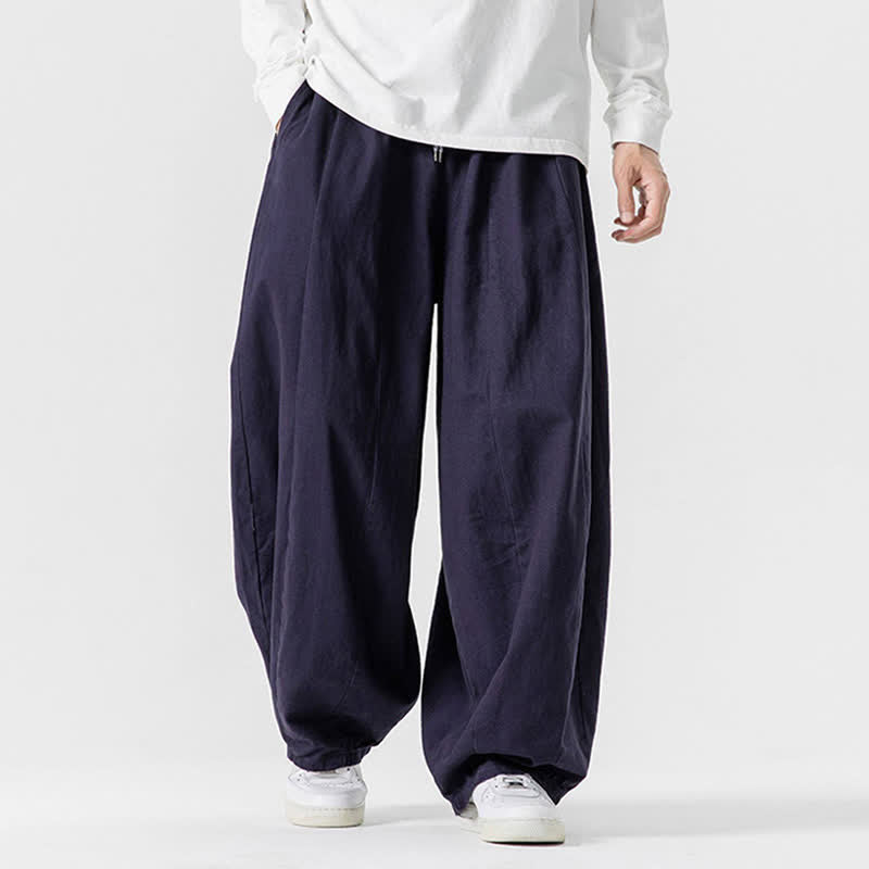 Buddha Stones Pantaloni lunghi da uomo a gamba dritta, semplici, in cotone tinta unita, con coulisse, per l'autunno. Pantaloni a gamba dritta con tasche. - Blu notte - US/UK/AU46, EU56 (5XL) - image 26
