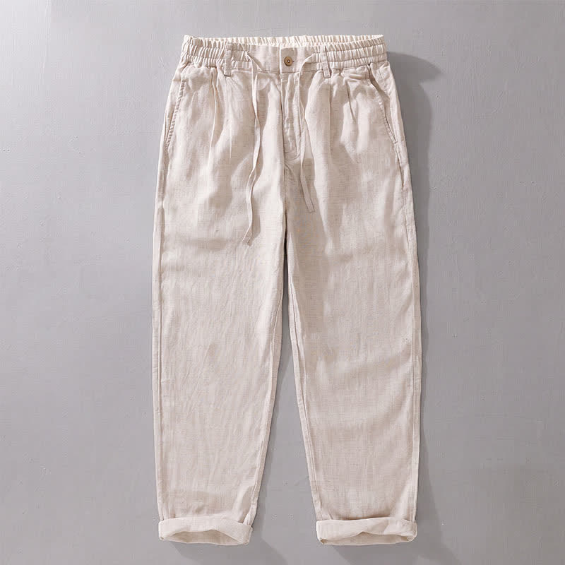 Buddha Stones Pantaloni lunghi da uomo in lino tinta unita, modello a gamba dritta, con coulisse e cerniera, ideali per primavera/estate. Modello casual con tasche. - Biancheria - US/UK/AU42, EU52 (3XL) - image 0