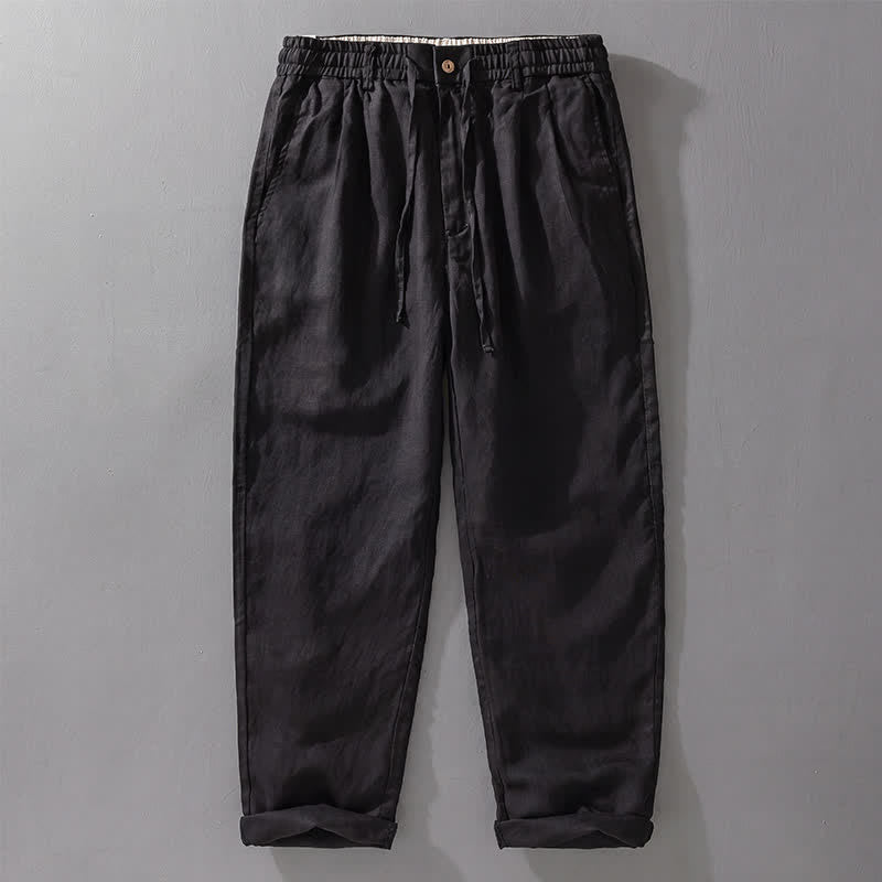 Buddha Stones Pantaloni lunghi da uomo in lino tinta unita, modello a gamba dritta, con coulisse e cerniera, ideali per primavera/estate. Modello casual con tasche. - Nero - US/UK/AU42, EU52 (3XL) - image 8