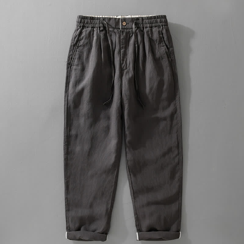 Buddha Stones Pantaloni lunghi da uomo in lino tinta unita, modello a gamba dritta, con coulisse e cerniera, ideali per primavera/estate. Modello casual con tasche. - Grigio ardesia scuro - US/UK/AU42, EU52 (3XL) - image 2