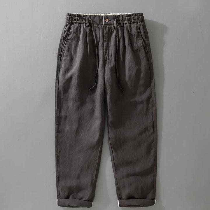 Buddha Stones Pantaloni lunghi da uomo in lino tinta unita, modello a gamba dritta, con coulisse e cerniera, ideali per primavera/estate. Modello casual con tasche. - Grigio ardesia scuro - US/UK/AU42, EU52 (3XL) - image 2