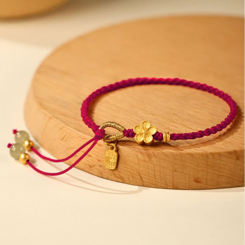 Braccialetto portafortuna con ciondolo a forma di carattere Fu in giada Hetian con Buddha Stones e piccoli fiori di pesco - Cordino rosso scuro (circonferenza del polso: 14-19 cm) - image 11