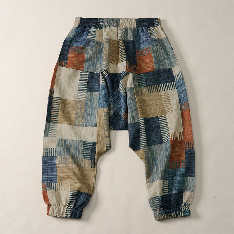 Buddha Stones Pantaloni lunghi da uomo stile boho casual primavera estate con coulisse e motivo geometrico, modello harem con tasca - image 1
