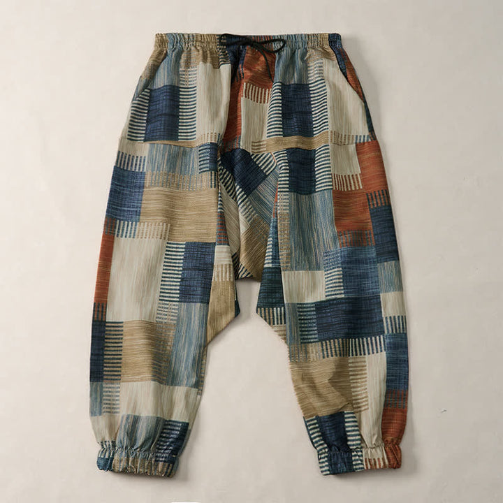 Buddha Stones Pantaloni lunghi da uomo stile boho casual primavera estate con coulisse e motivo geometrico, modello harem con tasca - Cachi scuro - US/UK/AU52, EU62 (6XL) - image 0