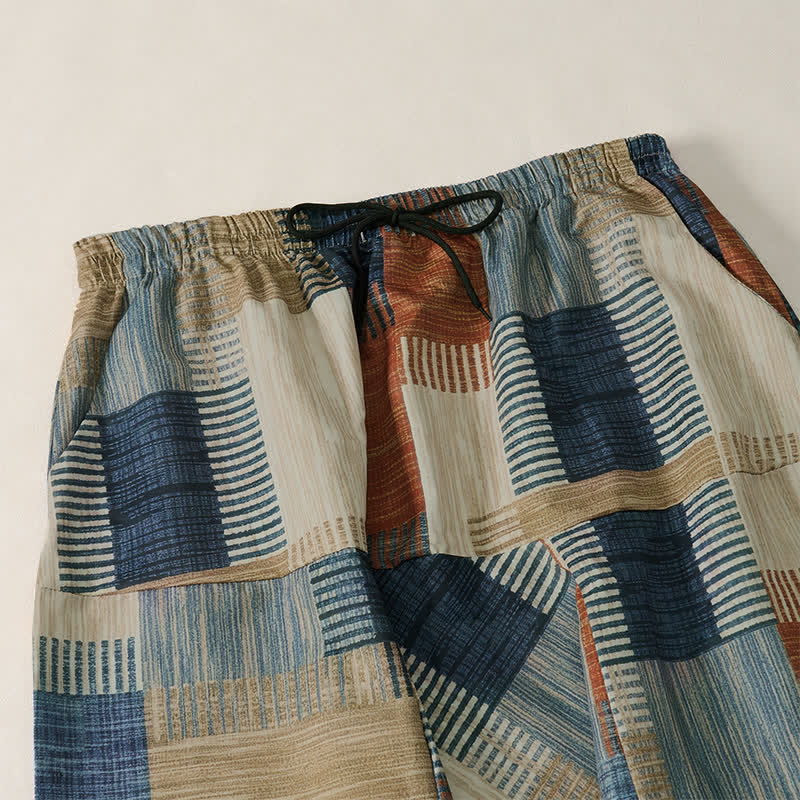 Buddha Stones Pantaloni lunghi da uomo stile boho casual primavera estate con coulisse e motivo geometrico, modello harem con tasca - image 2