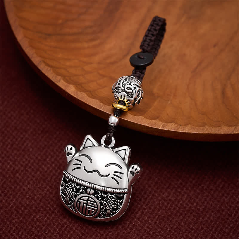 Buddha Stones Portachiavi intrecciati con personaggio Fu in rame inciso e gatto portafortuna. - Gatto fortunato argentato - image 0