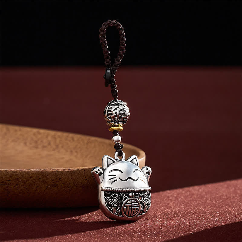 Buddha Stones Portachiavi intrecciati con personaggio Fu in rame inciso e gatto portafortuna. - image 1