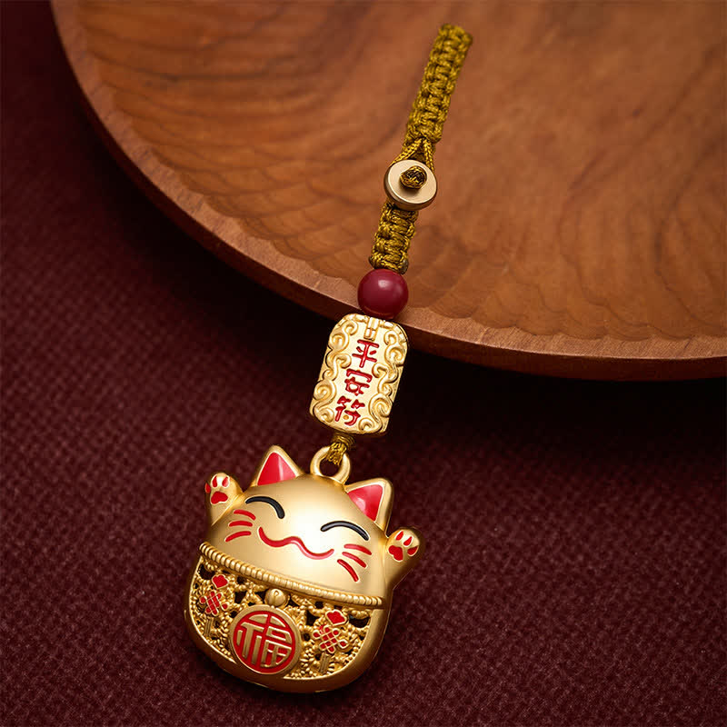 Buddha Stones Portachiavi intrecciati con personaggio Fu in rame inciso e gatto portafortuna. - Gatto portafortuna d'oro - image 9