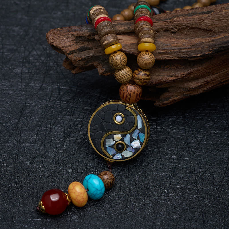 Buddha Stones Collana con perline in legno di wengé, simbolo Yin Yang, equilibrio e radicamento. - image 3