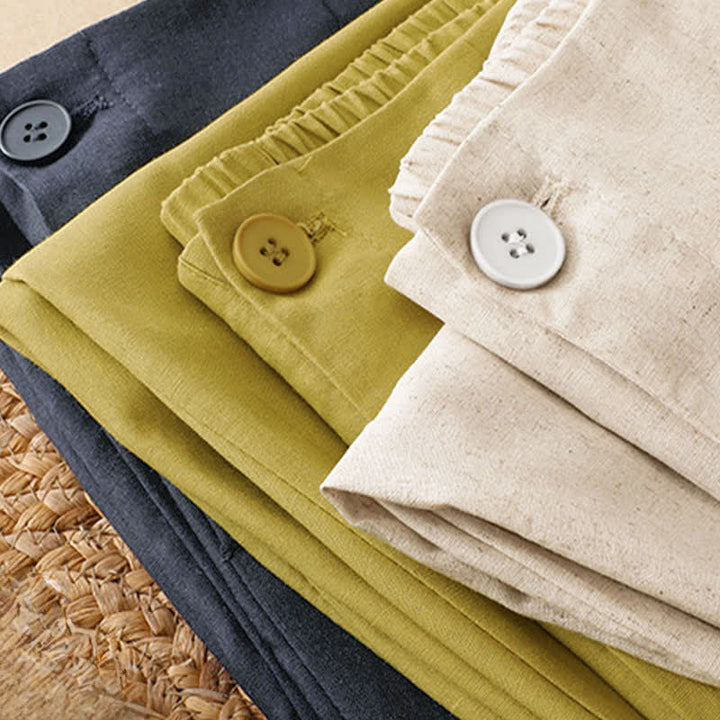 Buddha Stones Pantaloni harem da donna in lino tinta unita, a vita alta, con bottoni, stile estivo minimalista e tasche. - image 18