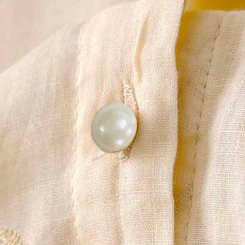 Camicia da donna a maniche corte con scollo rotondo e motivo floreale ricamato a petali, Buddha Stones. - image 5