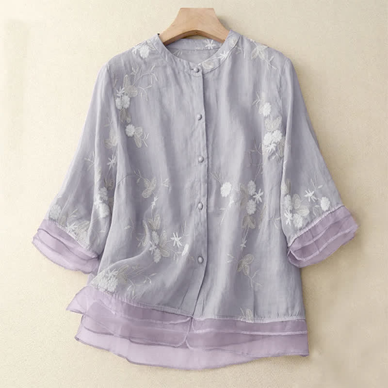 Camicia da donna a maniche corte con scollo rotondo e motivo floreale ricamato a petali, Buddha Stones. - Lavanda - US8-10, UK/AU12-14, EU40-42 (2XL) - image 0