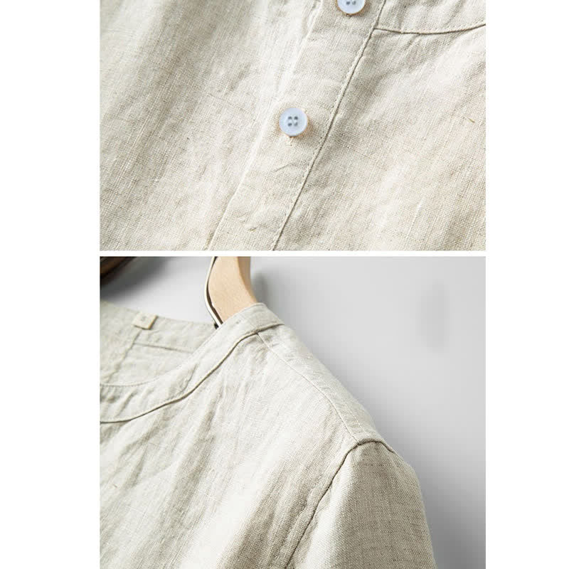 Camicia estiva da uomo con bottoni a tinta unita e maniche corte in cotone e lino Buddha Stones - image 2