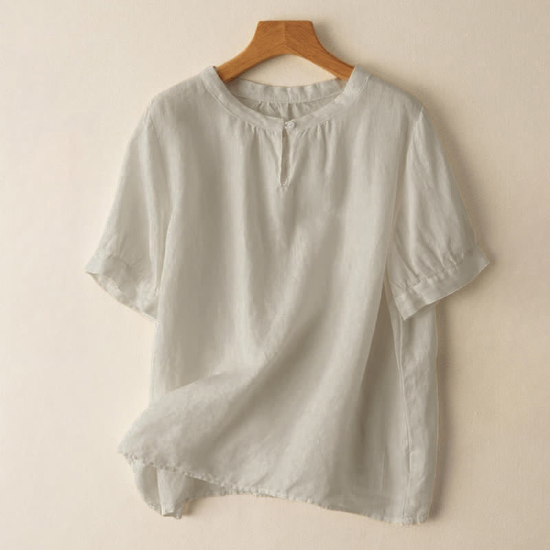 Camicia da donna casual a maniche corte con scollo rotondo e bottoni, con stampa Buddha Stones. - Beige - US8-10, UK/AU12-14, EU40-42 (2XL) - image 0