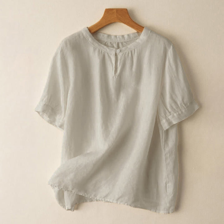 Camicia da donna casual a maniche corte con scollo rotondo e bottoni, con stampa Buddha Stones. - Beige - US8-10, UK/AU12-14, EU40-42 (2XL) - image 0