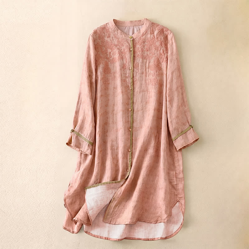 Abito midi estivo casual con colletto alla coreana e maniche a tre quarti, ricamato Buddha Stones. - Rosa - US8-10, UK/AU12-14, EU40-42 (2XL) - image 22