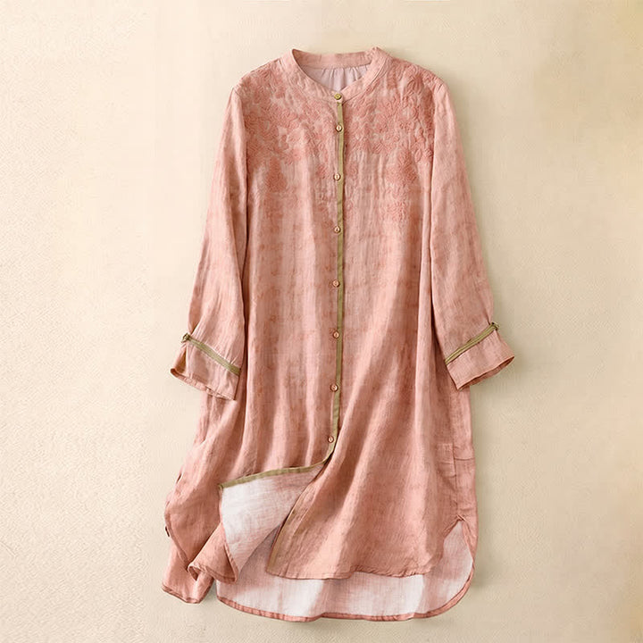 Abito midi estivo casual con colletto alla coreana e maniche a tre quarti, ricamato Buddha Stones. - Rosa - US8-10, UK/AU12-14, EU40-42 (2XL) - image 22