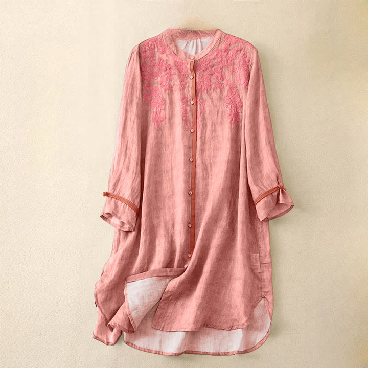 Abito midi estivo casual con colletto alla coreana e maniche a tre quarti, ricamato Buddha Stones. - Corallo chiaro - US8-10, UK/AU12-14, EU40-42 (2XL) - image 6