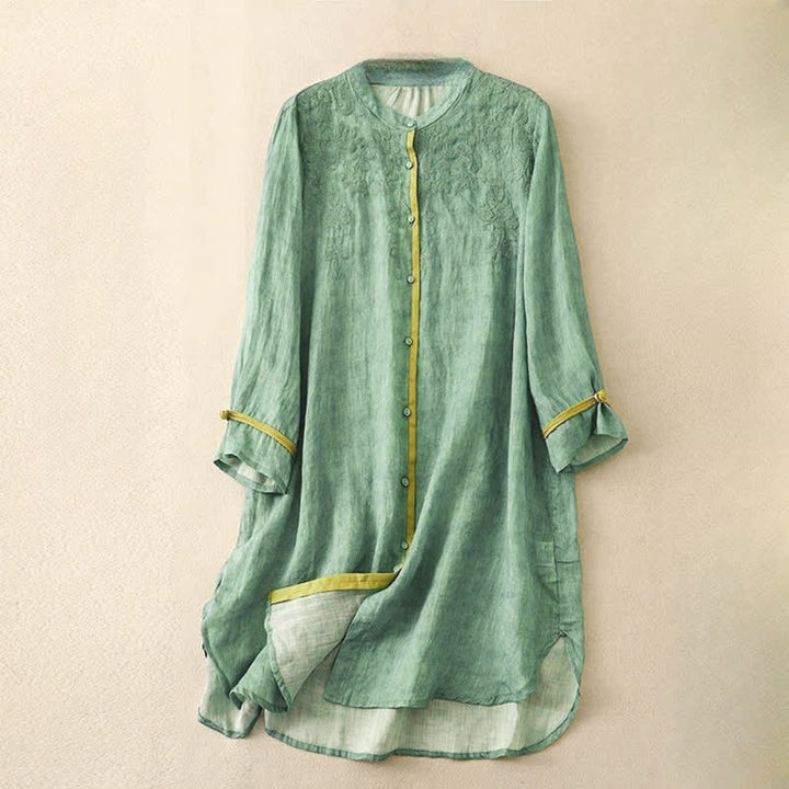 Abito midi estivo casual con colletto alla coreana e maniche a tre quarti, ricamato Buddha Stones. - Verde medio del mare - US8-10, UK/AU12-14, EU40-42 (2XL) - image 0