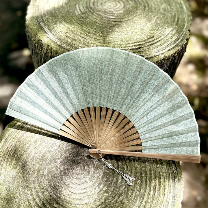 Buddha Stones Ventaglio pieghevole in cotone, lino e bambù, tinta unita, stile rustico ed elegante, 22 cm. - Verde chiaro - Dimensioni da chiuso: circa 22 cm / 8,7 pollici - image 15
