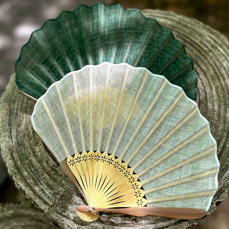 Buddha Stones Elegante ventaglio pieghevole in stile Hanfu con texture in cotone e lino e bambù, 21,5 cm. - image 14
