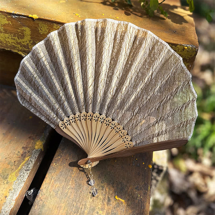 Buddha Stones Elegante ventaglio pieghevole in bambù a forma di conchiglia con motivo a rete vintage. - image 11